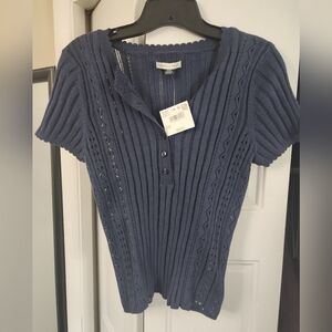 AMERICAN EAGLE BLUE POINTELLE KNIT SHORT SLEEVE SWEATER, M NWT